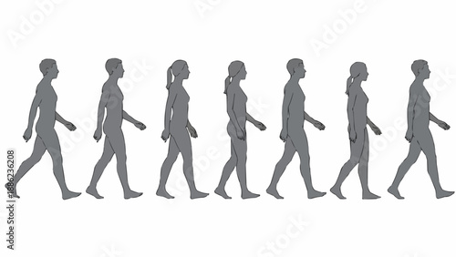 Silhouettes of men and women walking in a line.