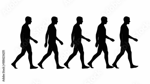 Silhouettes of men walking in a line against a white background.
