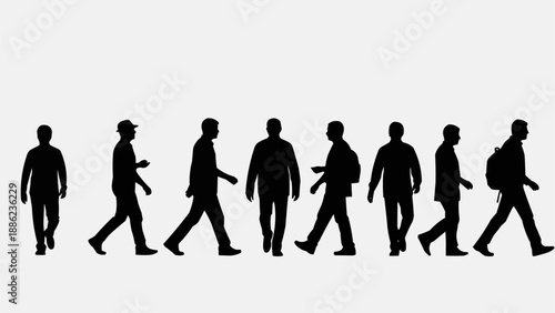Silhouettes of men walking in a line against a white background.