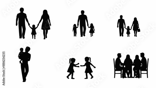 Silhouettes of Families and Children in Various Poses.