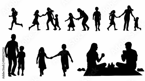 Silhouettes of Families and Children Engaged in Various Activities.