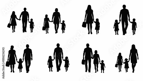 Silhouettes of families walking together holding hands.