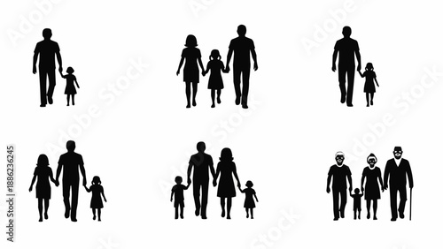Silhouettes of Families Walking Together Holding Hands.