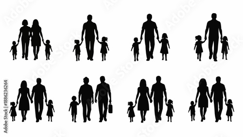 Silhouettes of families walking together holding hands.