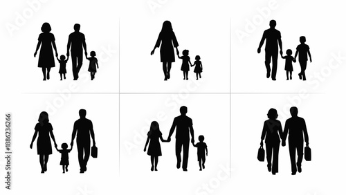 Silhouettes of families walking together holding hands.