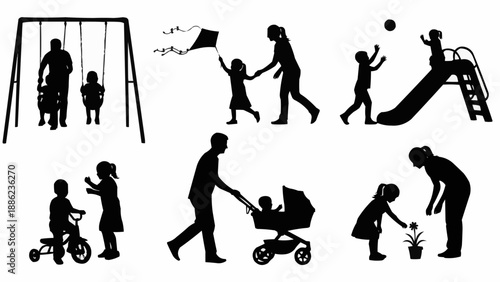 Silhouettes of families enjoying outdoor activities together.