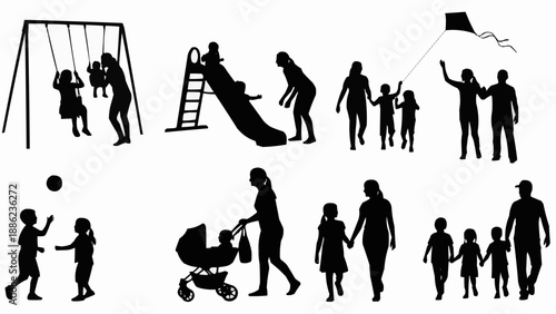 Silhouettes of families and children enjoying outdoor activities together.
