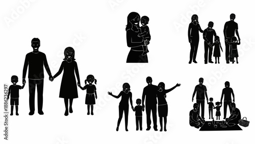 Silhouettes of families with children enjoying various activities together.