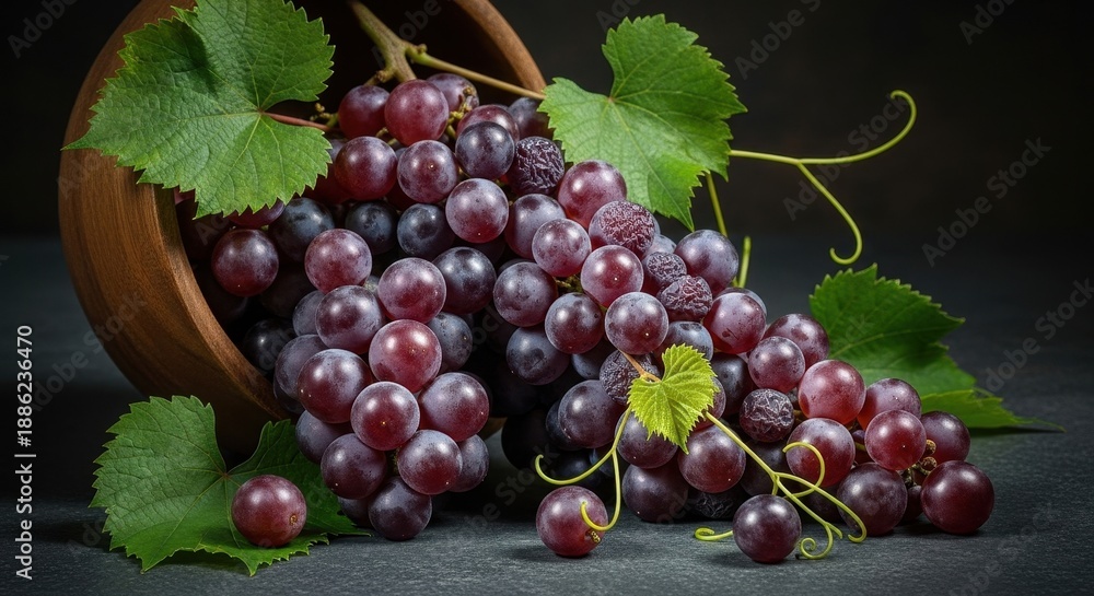 Fototapeta premium Delicious Red Grapes Overflowing from a Wooden Bowl.