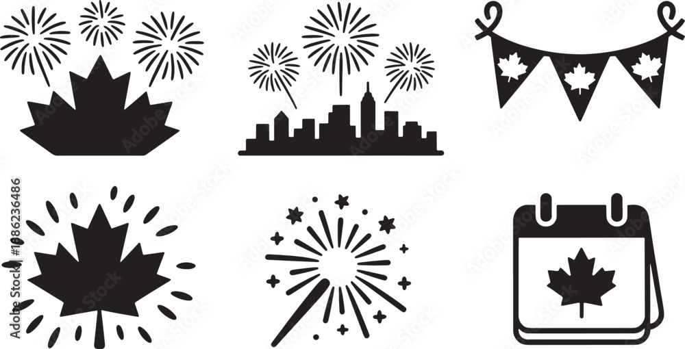 Obraz premium Black icons representing Canada Day celebration and fireworks on transparent background