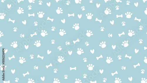 Cute seamless pattern with white hand-drawn scribbled paw prints, bones, and hearts on a blue background