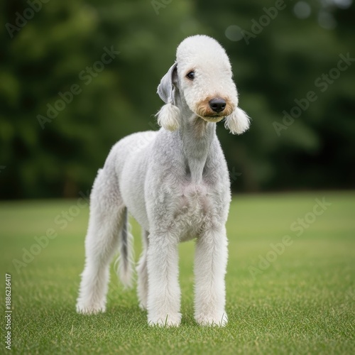 A well-groomed Bedlington Terrier standing attentively on green grass.
