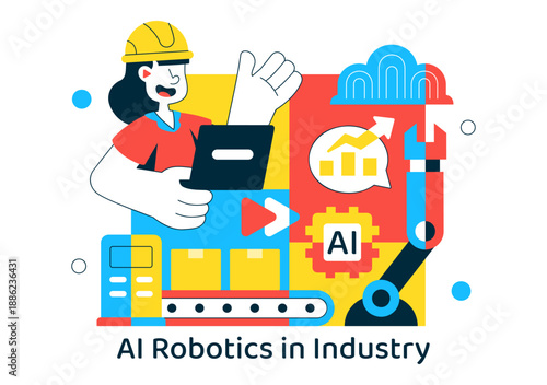 AI Robotics In Industry Vector Illustration Featuring Smart Automation, Industrial Robots, Advanced Manufacturing Technology Background