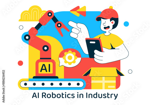 AI Robotics In Industry Vector Illustration Featuring Smart Automation, Industrial Robots, Advanced Manufacturing Technology Background