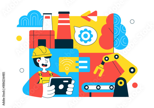 AI Robotics In Industry Vector Illustration Featuring Smart Automation, Industrial Robots, Advanced Manufacturing Technology Background