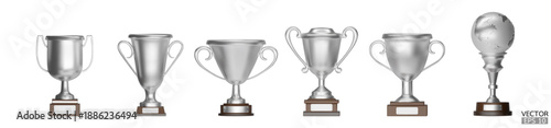 Set of 3d trophy cups silver isoleted on white background. Silver award cups, Winner silver cups. 3D vector illustration.