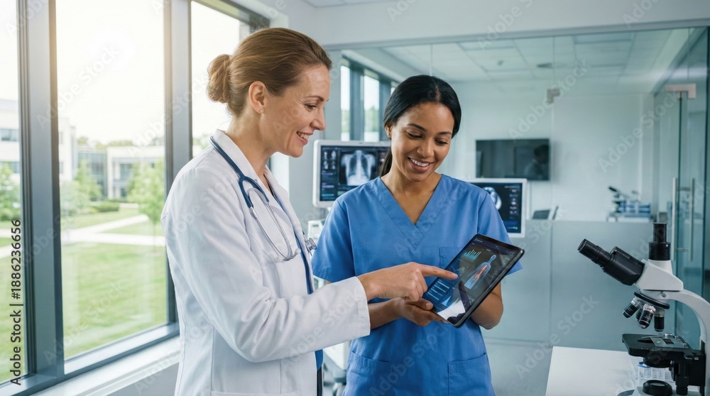 Obraz premium Female doctors using tablet for patient medical record consultation,modern digital healthcare technology,clinical diagnostics discussion in hospital lab