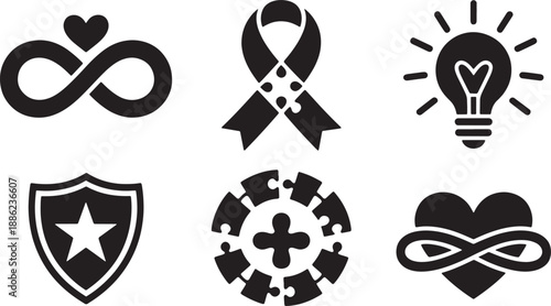 Charity puzzle and infinity heart ribbon lightbulb vector icons for awareness and support