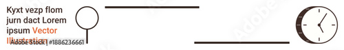 Time tracking, research, productivity, analysis, planning, focus. A magnifying glass, a line and a clock convey abstract concepts visually. Research and time tracking symbolism