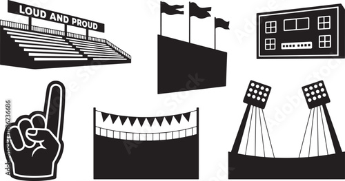 Collection of six black silhouette icons representing various elements of sports stadium fan activities