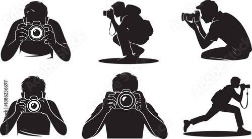 Creative photographer character silhouettes in action for professional photography branding set