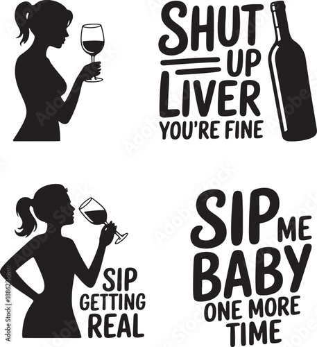 Funny shut up liver quote silhouette woman witch hat drinking wine celebration