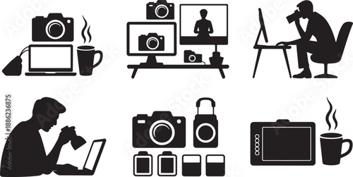 Photographer workplace and digital content creation silhouette icons for freelance professionals