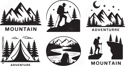 Mountain hiking camp adventure nature landscapes vector set with various outdoor activities