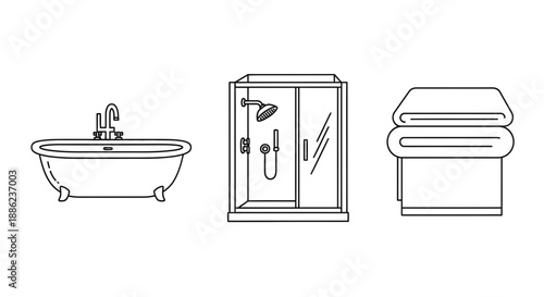 Modern bathroom elements including a bathtub, shower enclosure, and towels for home design and decoration purposes effectively