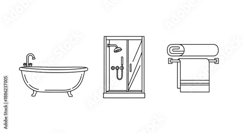 Bathroom essentials including bathtub, shower cabin, and towel rack illustrated in minimalist black and white line art style for hygiene and cleanliness concepts.