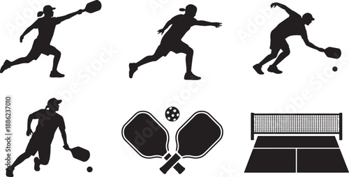 Set of black pickleball players, paddles, ball, net and court elements vector illustration