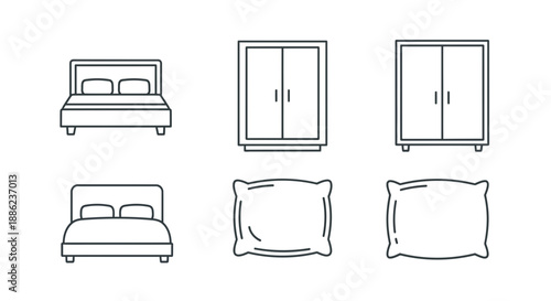 collection of simple line drawings of bedroom furniture including beds wardrobes and pillows in minimalist design