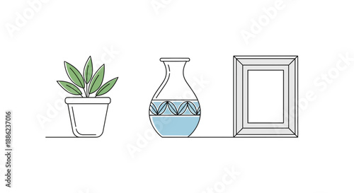 Simple line art illustration of a potted plant, decorative vase, and picture frame on a shelf representing home decor and interior design elements for modern living spaces.