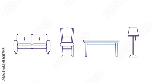 Modern minimalist living room furniture set featuring a sofa, chair, table, and floor lamp in a simple elegant design.