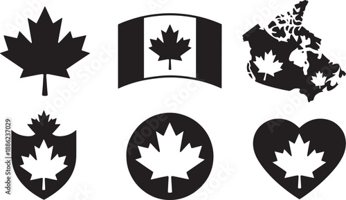 Set of black silhouettes icons representing various canadian national symbols and maps