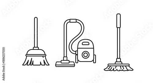 Simple line art illustration of dusting brush vacuum cleaner and broom for cleaning purposes in a minimalist style on a white background