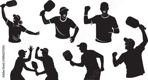 Set of black silhouettes playing pickleball game isolated on transparent background