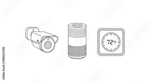 Modern smart home devices including security camera, bluetooth speaker, and digital thermostat for enhanced living experience and automation control