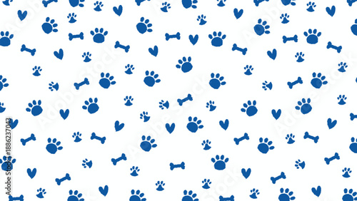 Blue scribble paw prints, hearts, and bones seamless pattern on white background. Hand drawn pet vector illustration