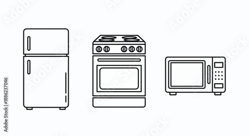 Simple linear icons representing kitchen appliances including refrigerator, electric stove, and microwave oven for cooking and food storage