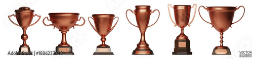 Set of 3D bronze trophy cups copper isoleted on white background. Bronze award cups, Winner copper cups. 3D vector illustration.