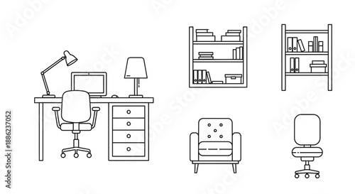 Modern office furniture collection including desk, chair, lamps, bookshelves, and armchair for organized workspace and comfortable working environment in a professional setting.