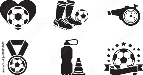 Set of six black soccer icons on transparent background for sports and game design