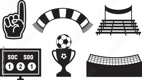 Soccer icons including a foam finger, a scarf, bleachers, a scoreboard, a trophy, and a net