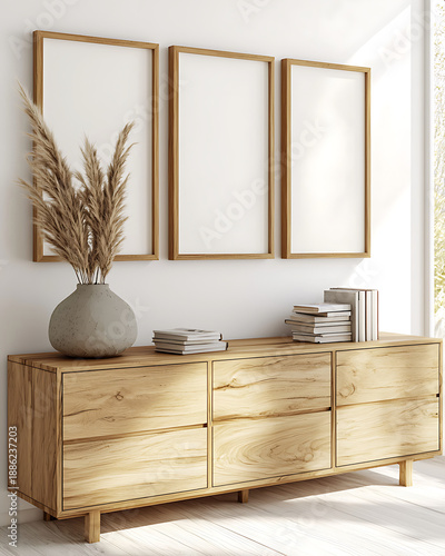 Modern light wood furniture with three blank picture frames, stylish vase, and books creates serene and inviting atmosphere
