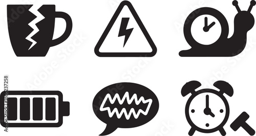 Stressed workflow and technology problems flat icon set with broken cup and low battery icons