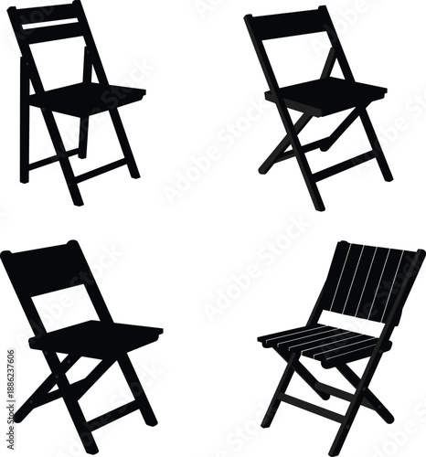 Black silhouette illustrations of folding chairs in varied designs, ideal for furniture catalogs, interior design, or minimalist graphic art collections.