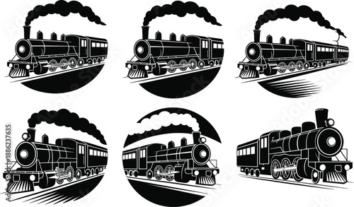 Vintage steam locomotives in bold black and white graphic style showcasing classic train designs, motion, and nostalgia from historical railway transportation era.