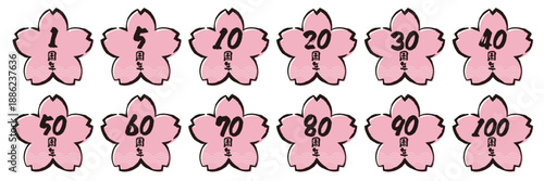 桜をモチーフにした周年記念のアイコンセット。白背景にベクターイラスト。