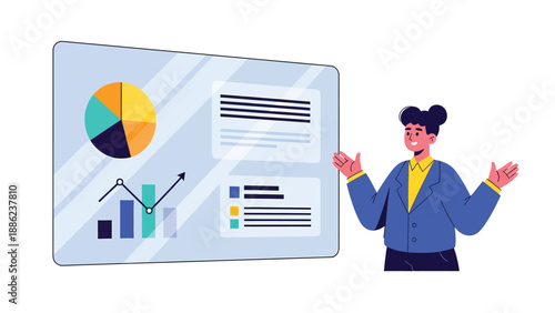 Data Presentation: Woman Explaining Charts on Transparent Screen